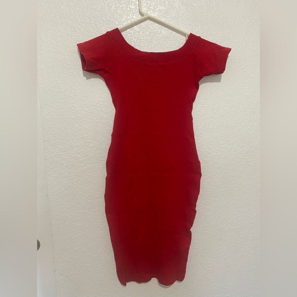 Red Bodycon Midi Dress Womens XS/S Off Shoulder Ribbed Dress